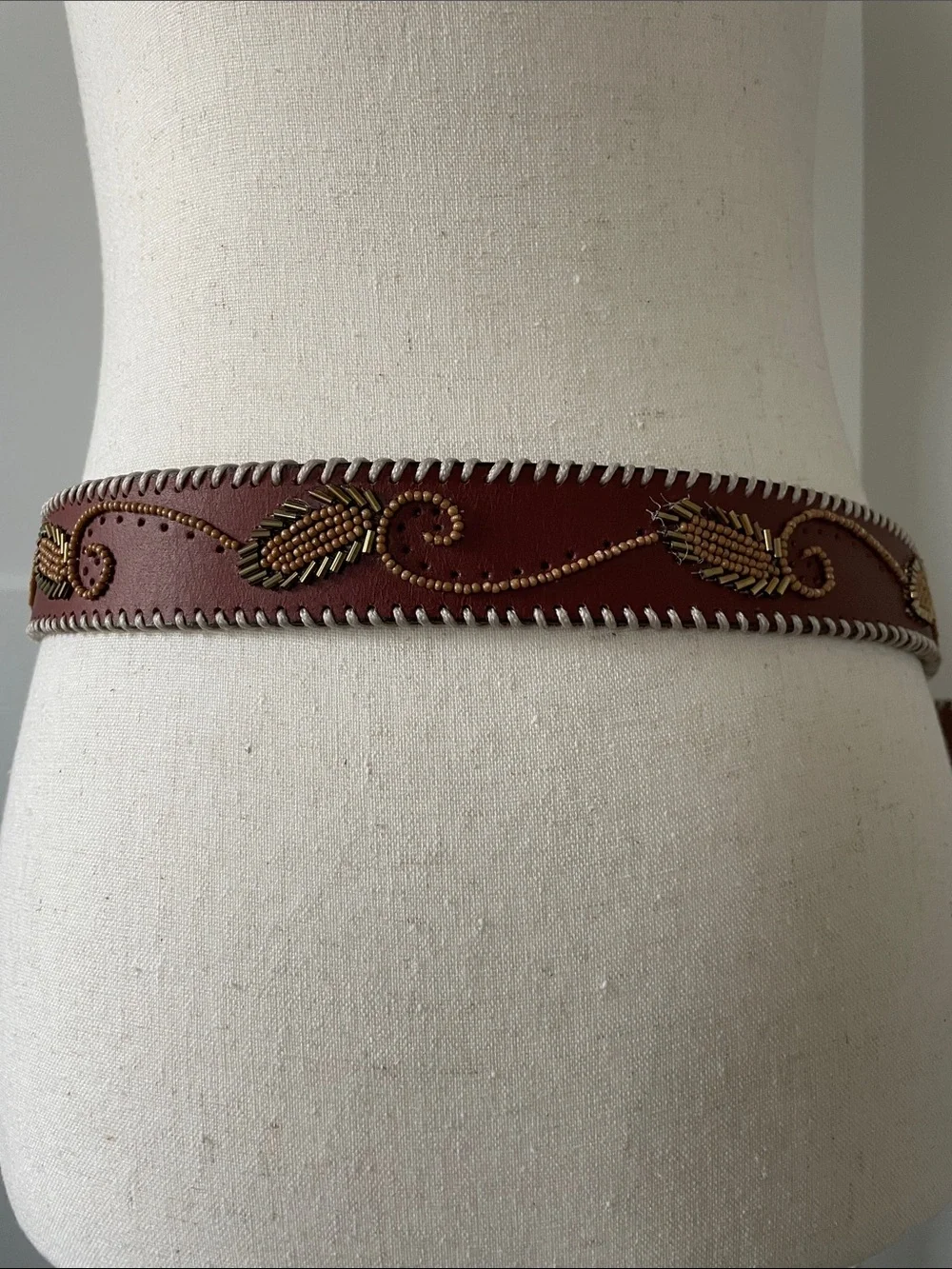 Lucky Brand Brown Leather Belt with Embroidered Leaf Detail